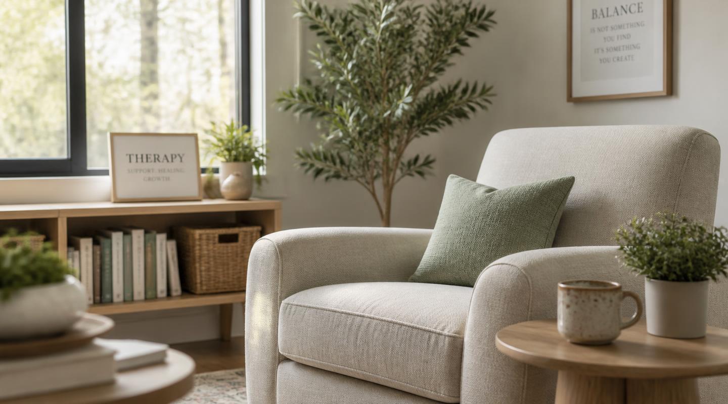 A calm, sunlit therapy office with a comfortable armchair and plants