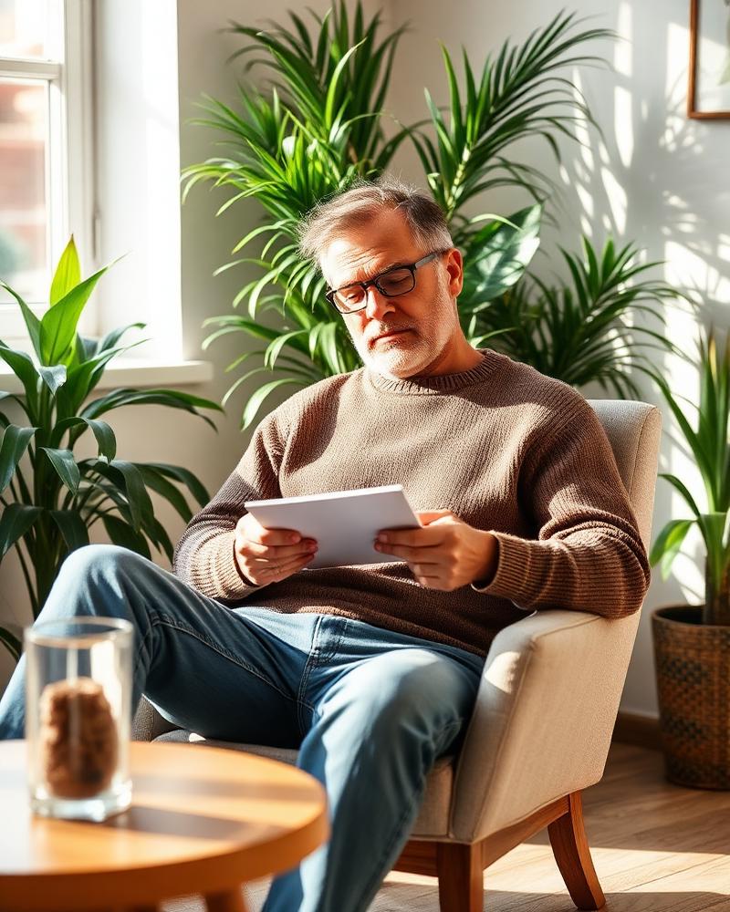 A therapist taking notes in a sunlit room full of plants
